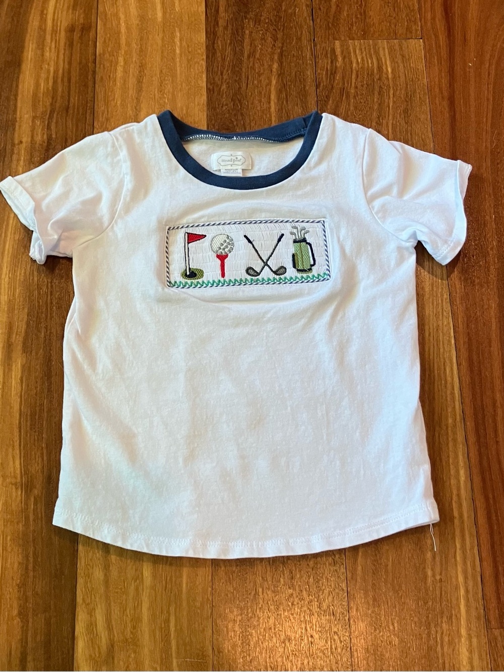 Mud Pie White Tee with Navy Trim and Golf Patch
